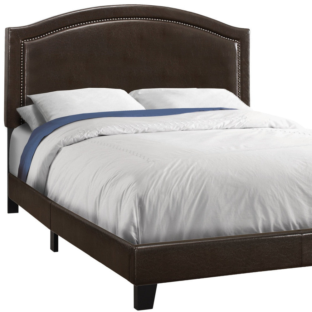 Homeroots Brown Solid Wood Queen Upholstered Linen Bed Frame With Nailhead Trim Brown Solid Manufactured Wood 333306