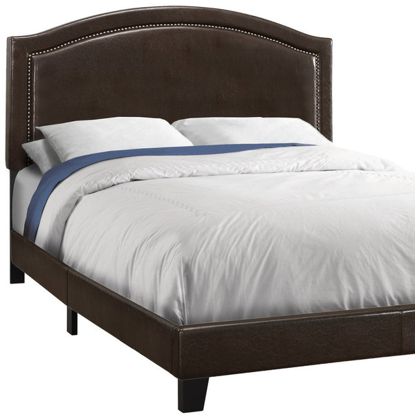 Homeroots Brown Solid Wood Queen Upholstered Linen Bed Frame With Nailhead Trim Brown Solid Manufactured Wood 333306