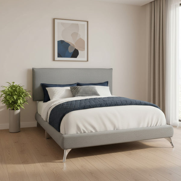 HomeRoots Gray Solid Wood Queen Upholstered Bed Frame with Elegant Nailhead Trim for Timeless Bedroom Style Grey 333308