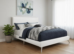 HomeRoots Gray Solid Wood Queen Upholstered Bed Frame with Elegant Nailhead Trim for Timeless Bedroom Style White 333314