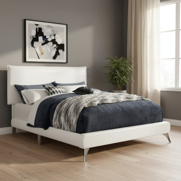 HomeRoots Gray Solid Wood Queen Upholstered Bed Frame with Elegant Nailhead Trim for Timeless Bedroom Style White 333314