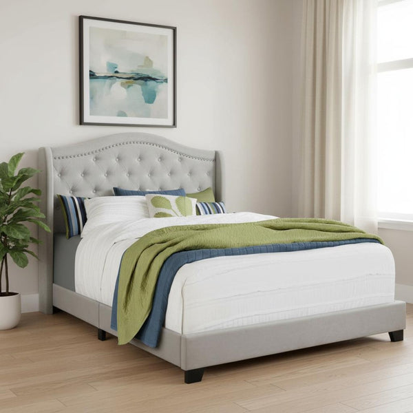 HomeRoots Light Upholstered Queen Bed Frame with Button Tufting, Nailhead Trim, and Sturdy Wood Construction Light Grey 333317