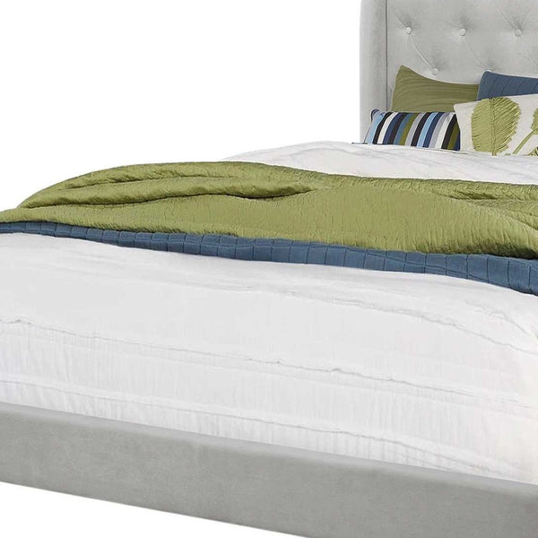 HomeRoots Light Upholstered Queen Bed Frame with Button Tufting, Nailhead Trim, and Sturdy Wood Construction Light Grey 333317