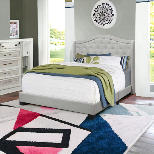 Homeroots Light Gray And Gray Wood Tufted Upholstered Queen Bed Frame With Nailhead Trim Light Grey Solid Manufactured Wood 333317