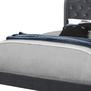 HomeRoots Light Upholstered Queen Bed Frame with Button Tufting, Nailhead Trim, and Sturdy Wood Construction Dark Grey 333319