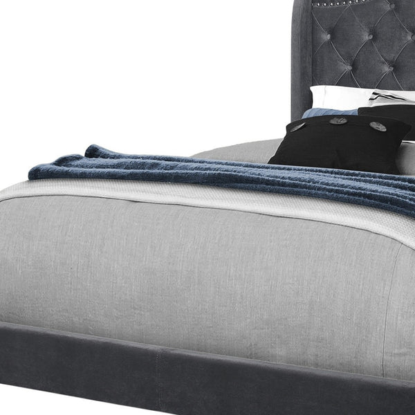 HomeRoots Light Upholstered Queen Bed Frame with Button Tufting, Nailhead Trim, and Sturdy Wood Construction Dark Grey 333319
