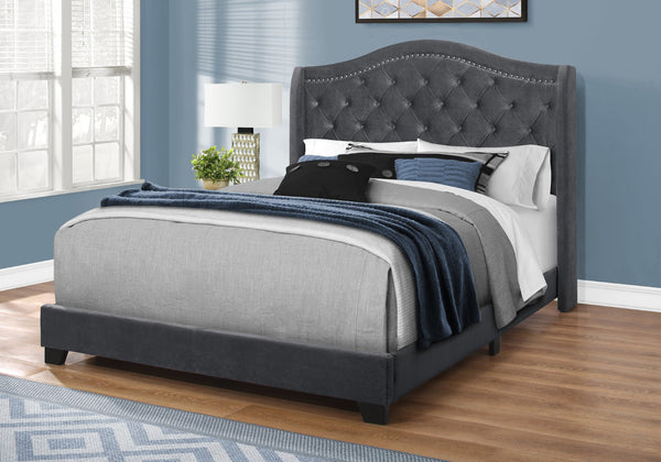 HomeRoots Light Upholstered Queen Bed Frame with Button Tufting, Nailhead Trim, and Sturdy Wood Construction Dark Grey 333319