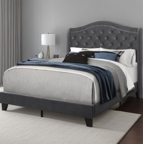 Homeroots Dark Gray Wood And Tufted Velvet Queen Bed Frame Dark Grey Foam 333319
