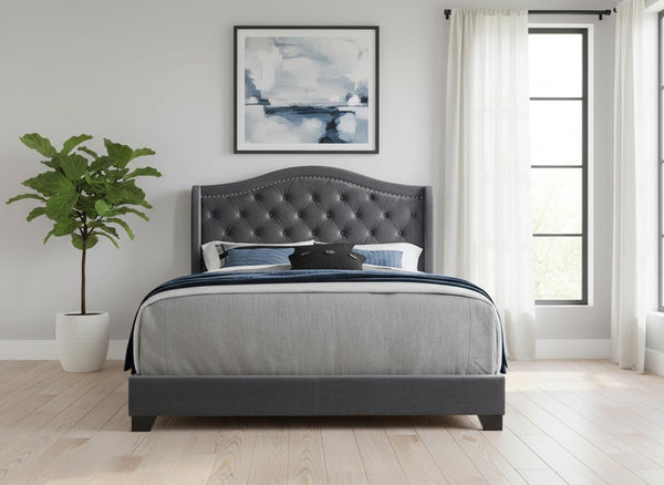 HomeRoots Light Upholstered Queen Bed Frame with Button Tufting, Nailhead Trim, and Sturdy Wood Construction Dark Grey 333319