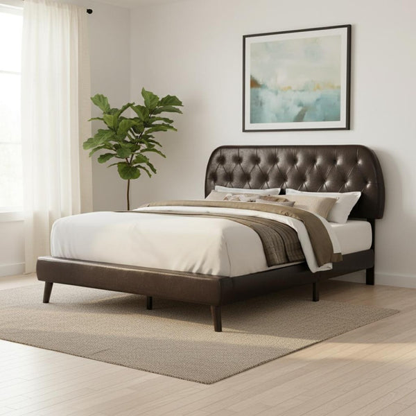HomeRoots Brown Queen Tufted Faux Leather Bed Frame - Modern Comfort, Durable Design, and Stylish Elegance Brown 333327