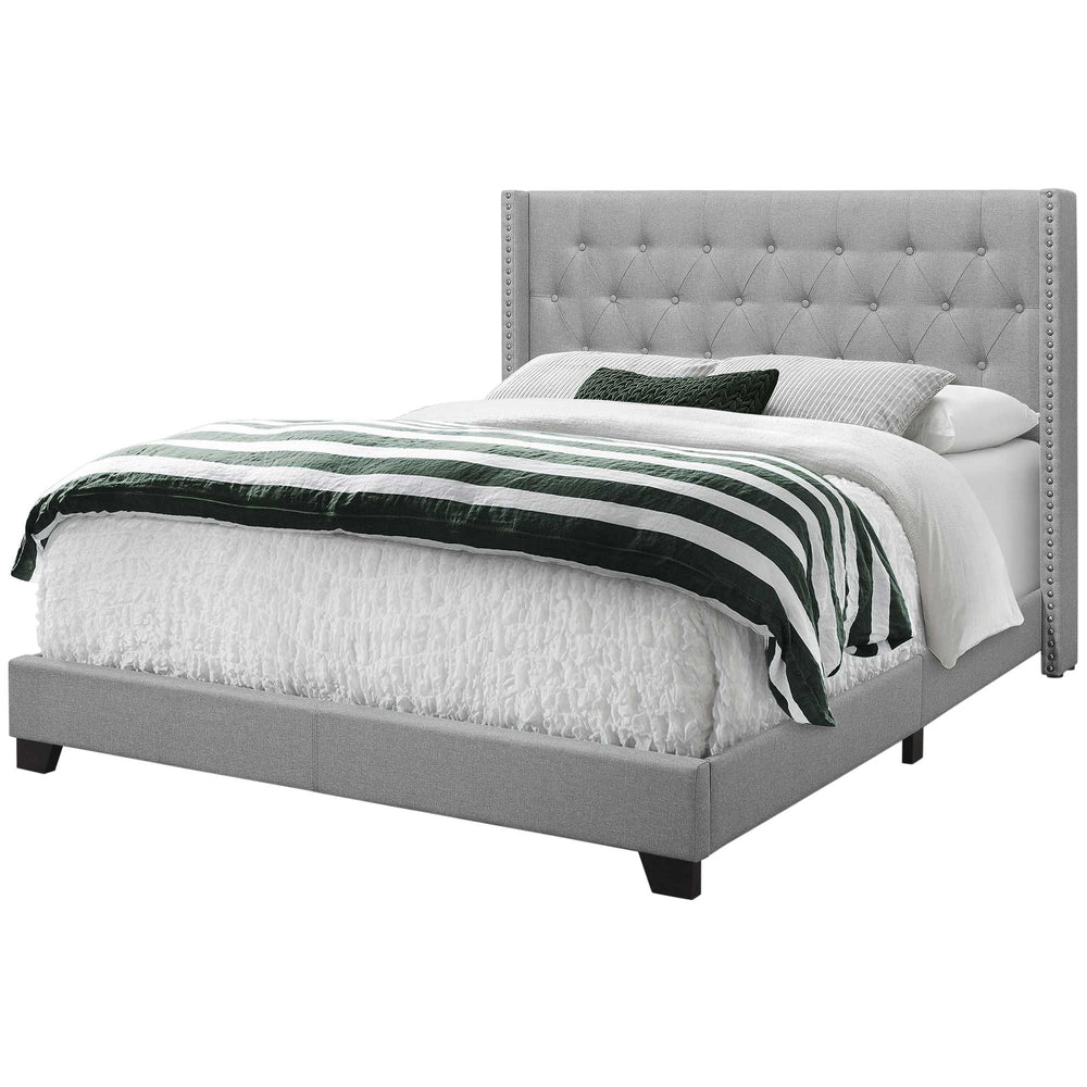 Homeroots Gray Solid Wood And Tufted Linen Queen Bed Frame With Nailhead Trim  Solid Manufactured Wood 333331