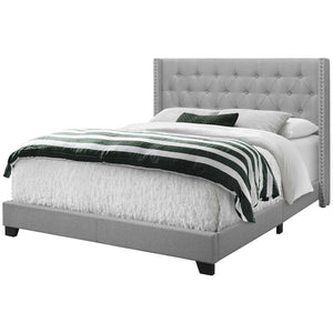 Homeroots Gray Solid Wood And Tufted Linen Queen Bed Frame With Nailhead Trim  Solid Manufactured Wood 333331