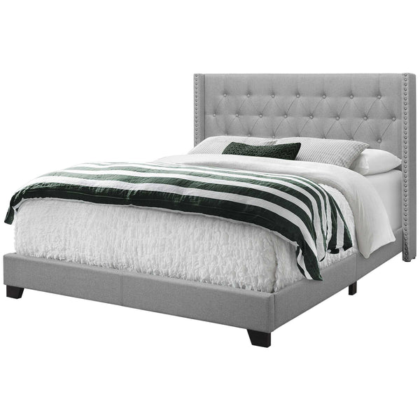 Homeroots Gray Solid Wood And Tufted Linen Queen Bed Frame With Nailhead Trim  Solid Manufactured Wood 333331