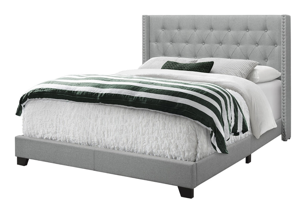 HomeRoots Gray Upholstered Queen Bed Frame with Button-Tufted Linen, Wingback Design & Nailhead Trim Style 333331