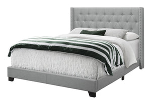 HomeRoots Gray Upholstered Queen Bed Frame with Button-Tufted Linen, Wingback Design & Nailhead Trim Style 333331