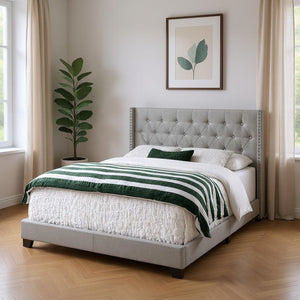 HomeRoots Gray Upholstered Queen Bed Frame with Button-Tufted Linen, Wingback Design & Nailhead Trim Style 333331
