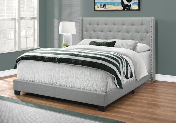 HomeRoots Gray Upholstered Queen Bed Frame with Button-Tufted Linen, Wingback Design & Nailhead Trim Style 333331