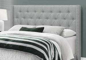 HomeRoots Gray Upholstered Queen Bed Frame with Button-Tufted Linen, Wingback Design & Nailhead Trim Style 333331
