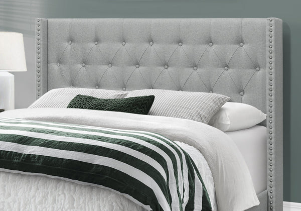 HomeRoots Gray Upholstered Queen Bed Frame with Button-Tufted Linen, Wingback Design & Nailhead Trim Style 333331