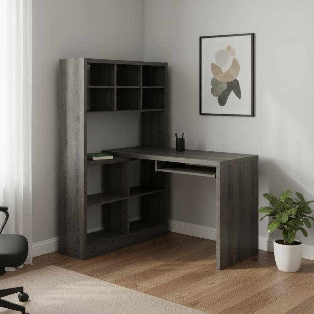 HomeRoots 38" L-Shaped Computer Desk - Modern Taupe Finish, Spacious Design with Integrated Bookcase for Productivity Dark Taupe 333347