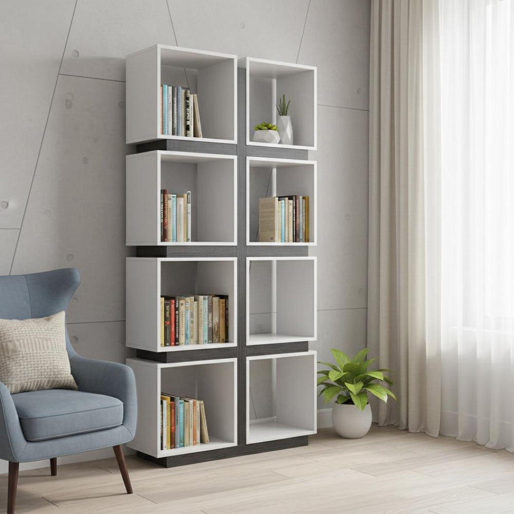 HomeRoots 71" Modern Eight-Tier Cube Bookcase for Stylish Organization in Living Rooms, Offices, and Hallways White,Grey 333364