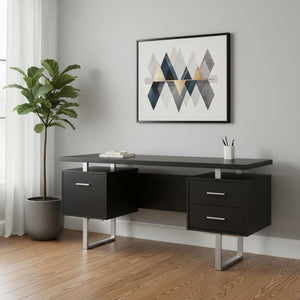HomeRoots 24" Modern Computer Desk with Three Drawers for Organized Workspaces and Sleek Professional Style Cappuccino,Silver 333366