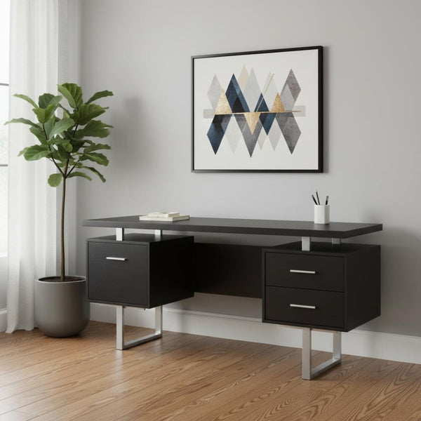HomeRoots 24" Modern Computer Desk with Three Drawers for Organized Workspaces and Sleek Professional Style Cappuccino,Silver 333366