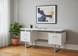 HomeRoots 24" Modern Computer Desk with Three Drawers for Organized Workspaces and Sleek Professional Style White,Silver 333367