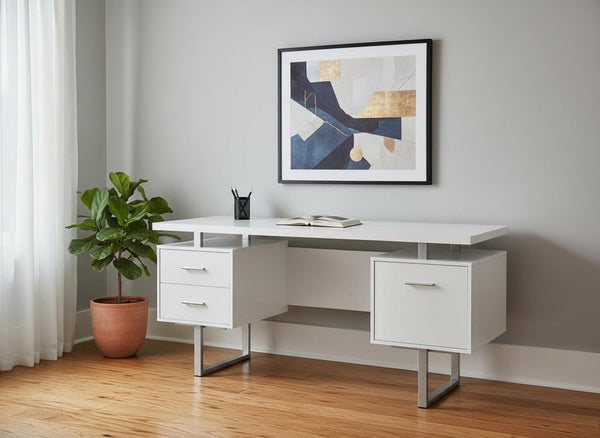 HomeRoots 24" Modern Computer Desk with Three Drawers for Organized Workspaces and Sleek Professional Style White,Silver 333367