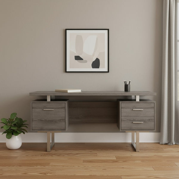 HomeRoots 24" Modern Computer Desk with Three Drawers for Organized Workspaces and Sleek Professional Style Dark Taupe,Silver 333368