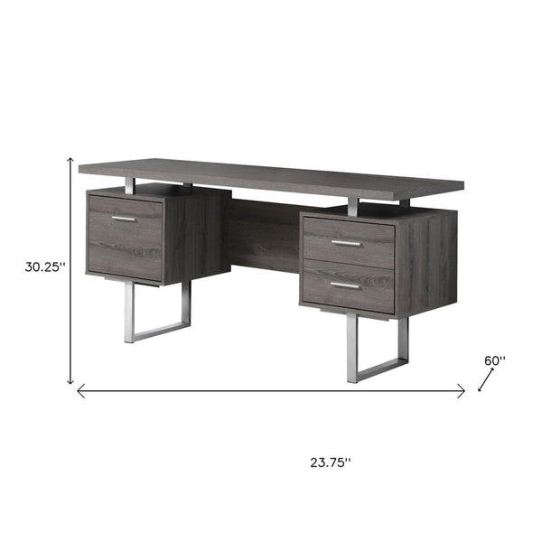 HomeRoots 24" Modern Computer Desk with Three Drawers for Organized Workspaces and Sleek Professional Style Dark Taupe,Silver 333368