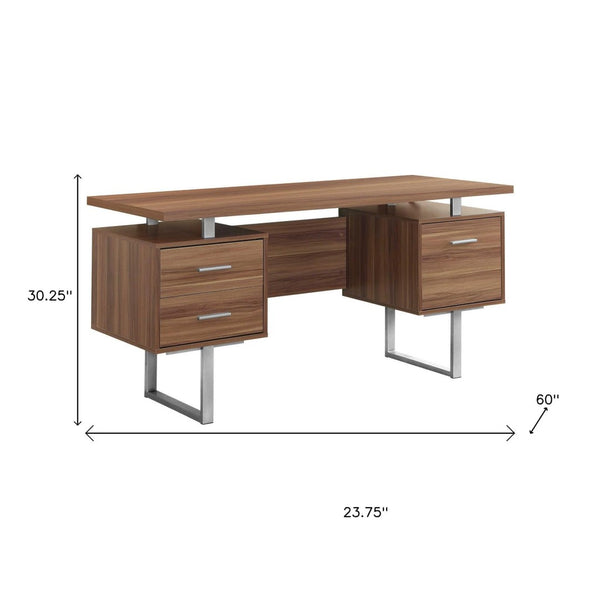 HomeRoots 24" Modern Computer Desk with Three Drawers for Organized Workspaces and Sleek Professional Style Walnut,Silver 333369