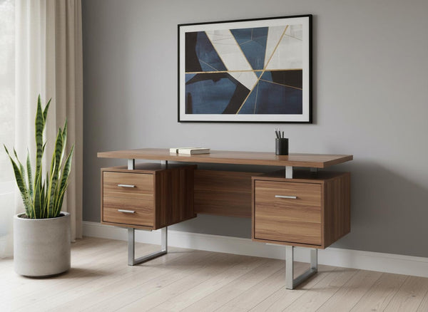HomeRoots 24" Modern Computer Desk with Three Drawers for Organized Workspaces and Sleek Professional Style Walnut,Silver 333369