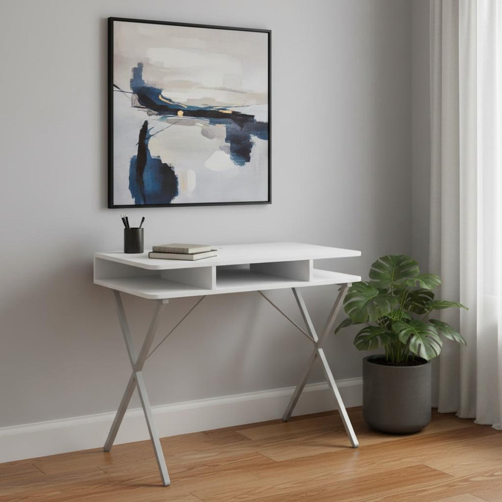 HomeRoots 20" Modern White and Silver Computer Desk - Stylish, Durable Workspace Solution for Home or Office 333371
