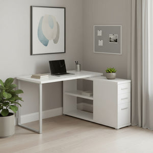 HomeRoots 47" Modern L-Shaped Computer Desk with Three Drawers for a Stylish and Organized Workspace Solution White,Silver 333378