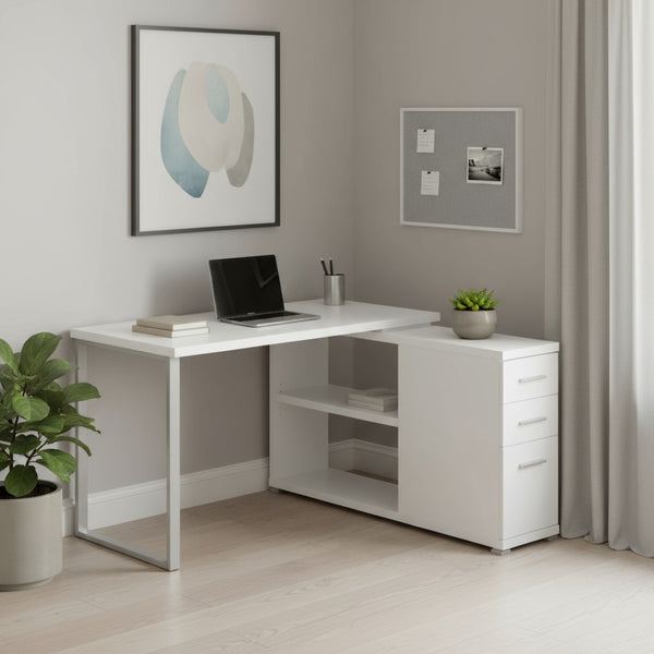 HomeRoots 47" Modern L-Shaped Computer Desk with Three Drawers for a Stylish and Organized Workspace Solution White,Silver 333378