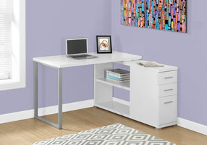HomeRoots 47" Modern L-Shaped Computer Desk with Three Drawers for a Stylish and Organized Workspace Solution White,Silver 333378