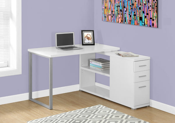 HomeRoots 47" Modern L-Shaped Computer Desk with Three Drawers for a Stylish and Organized Workspace Solution White,Silver 333378
