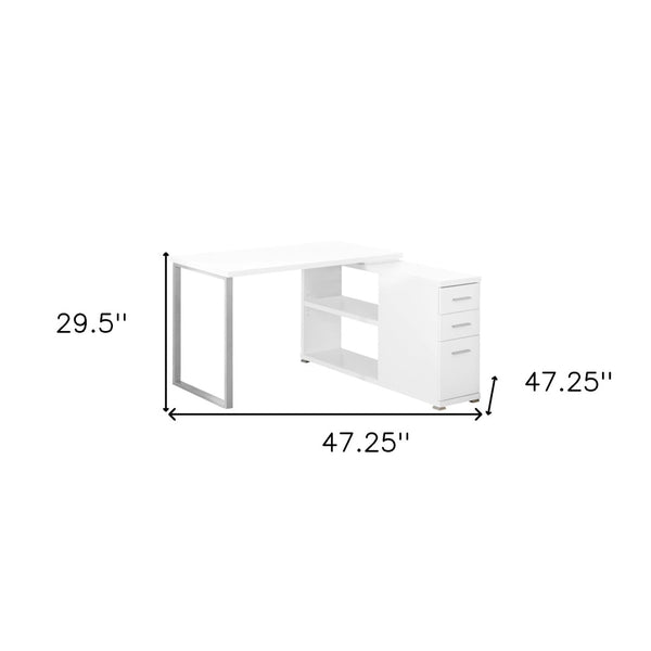 HomeRoots 47" Modern L-Shaped Computer Desk with Three Drawers for a Stylish and Organized Workspace Solution White,Silver 333378