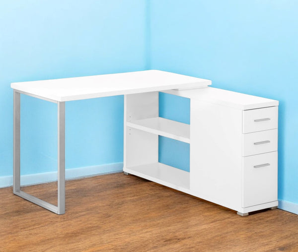 Homeroots 47" White And Silver L Shape Computer Desk With Three Drawers White,Silver  333378