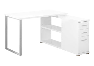 HomeRoots 47" Modern L-Shaped Computer Desk with Three Drawers for a Stylish and Organized Workspace Solution White,Silver 333378