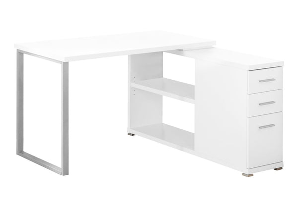 HomeRoots 47" Modern L-Shaped Computer Desk with Three Drawers for a Stylish and Organized Workspace Solution White,Silver 333378