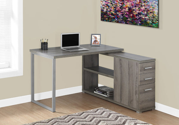 HomeRoots 47" Modern L-Shaped Computer Desk with Three Drawers for a Stylish and Organized Workspace Solution Dark Taupe,Silver 333379