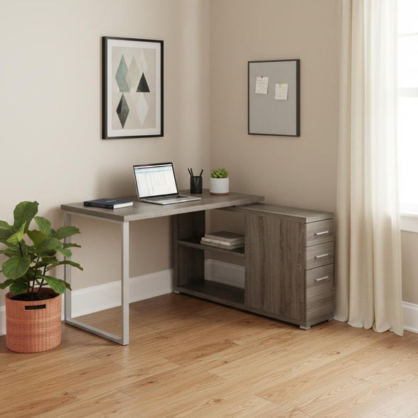 HomeRoots 47" Modern L-Shaped Computer Desk with Three Drawers for a Stylish and Organized Workspace Solution Dark Taupe,Silver 333379