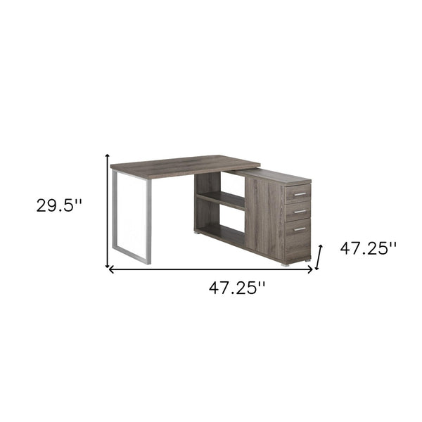 HomeRoots 47" Modern L-Shaped Computer Desk with Three Drawers for a Stylish and Organized Workspace Solution Dark Taupe,Silver 333379