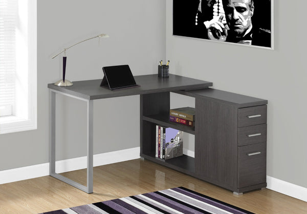 HomeRoots 47" Modern L-Shaped Computer Desk with Three Drawers for a Stylish and Organized Workspace Solution Grey,Silver 333380