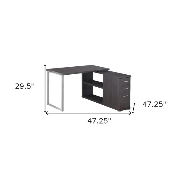 HomeRoots 47" Modern L-Shaped Computer Desk with Three Drawers for a Stylish and Organized Workspace Solution Grey,Silver 333380
