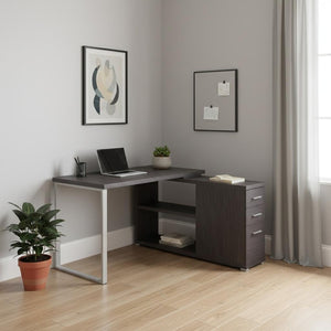 HomeRoots 47" Modern L-Shaped Computer Desk with Three Drawers for a Stylish and Organized Workspace Solution Grey,Silver 333380