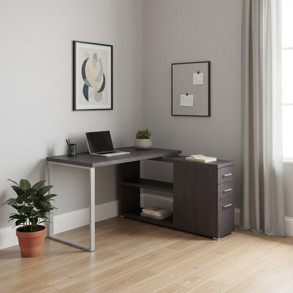 HomeRoots 47" Modern L-Shaped Computer Desk with Three Drawers for a Stylish and Organized Workspace Solution Grey,Silver 333380
