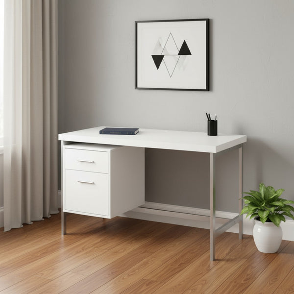 HomeRoots 24" Elegant Computer Desk with Two Drawers for Organized Workspaces - Stylish & Durable Design White,Silver 333387
